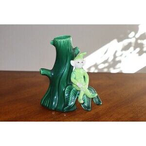 BROKEN Treasure Craft Vase Green Pixie Elf Sprite on Tree Vintage 1960s 5.7"